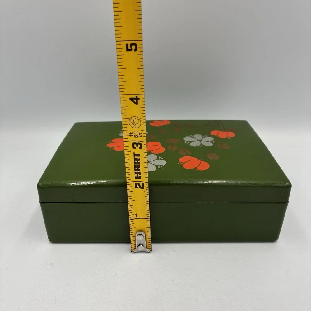 Vintage Hand Painted Red Velvet Lined Jewelry Box Keepsake Box Floral
